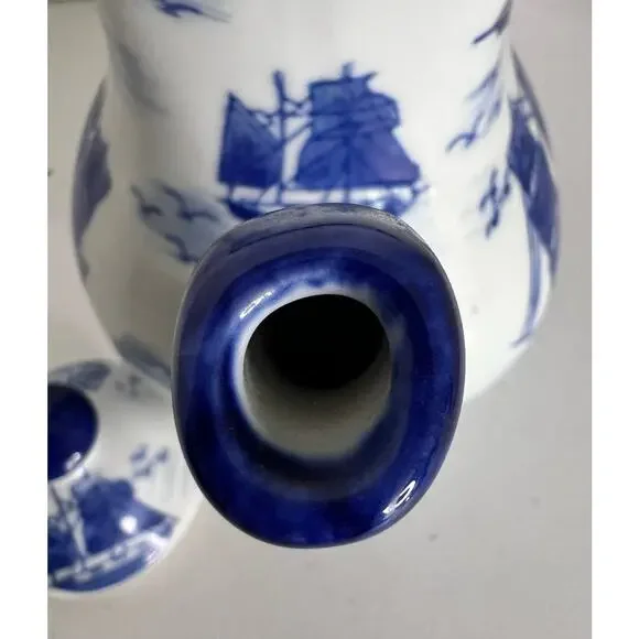 Vintage China Blue Teapot Mann Japan Nautical Ship Blue White Porcelain